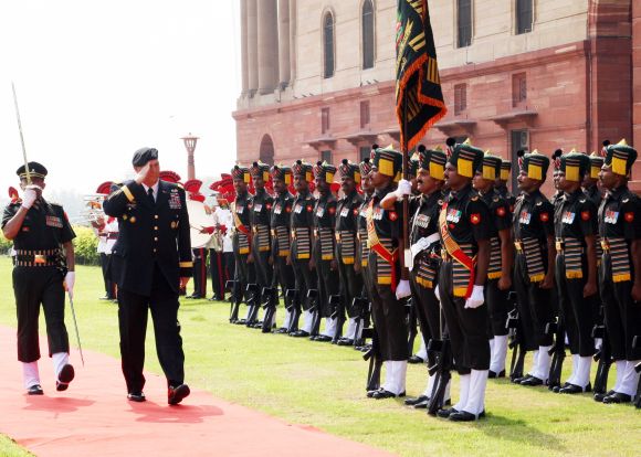 US Army Chief General Raymond Odierno inspecting a guard of honour at South Block in New Delhi