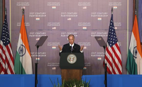 US Vice President Joe Biden delivers an address at the Bombay Stock Exchange in Mumbai