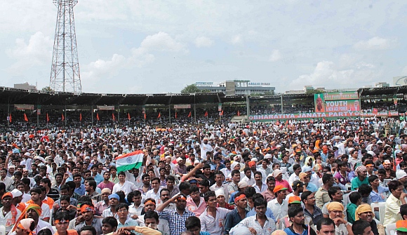 The huge crowd at the Lal Bahaduur Shastri stadium in Hyderabad