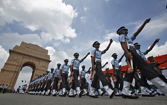 Soldiers march at the India Gate war memorial