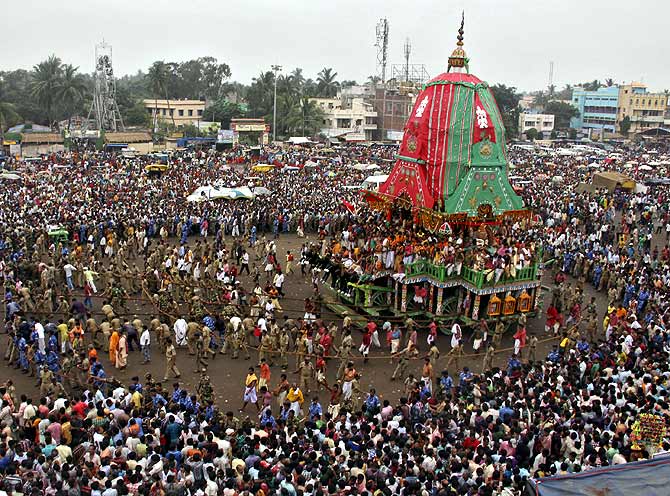 Devotees pull the 'Rath' or chariot of Lord Jagannath in Puri.