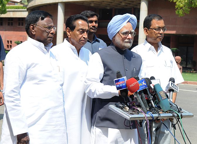 Prime Minister Manmohan Singh addresses media persons outside Parliament