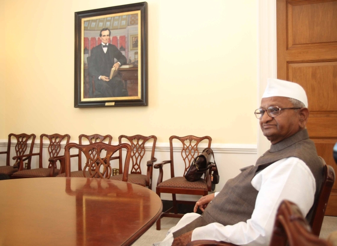 Hazare sits in the office of US House Minority Leader Nancy Pelosi in Capitol Hill