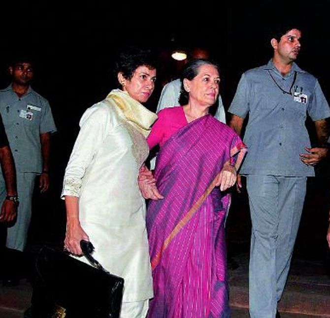 Sonia Gandhi being taken to AIIMS after she fell ill in Lok Sabha on Monday, with Kumari Selja by her side