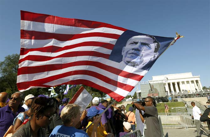 An US flag with Barack Obama's image during the 50th anniversary of the 1963 March on Washington.