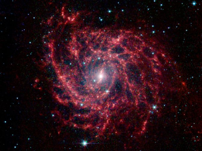 Looking like a spider's web swirled into a spiral, the galaxy IC 342 presents its delicate pattern of dust in this image from NASA's Spitzer Space Telescope