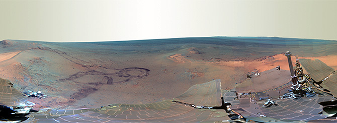 This full-circle scene combines 817 images taken by the panoramic camera on NASA's Mars Exploration Rover Opportunity on the planet Mars, as seen in this handout image from NASA 