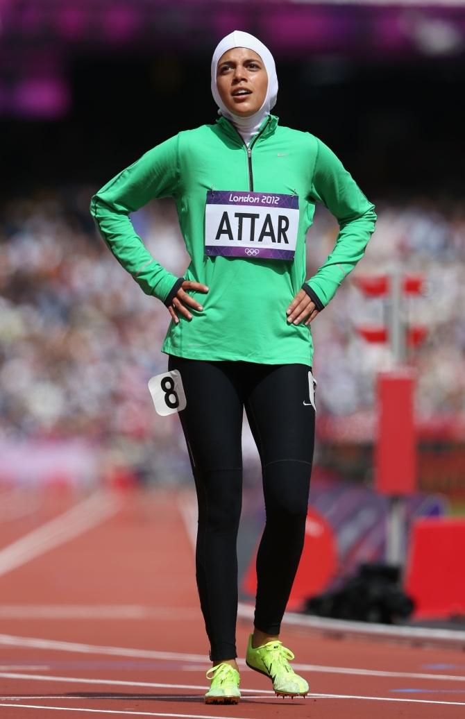 Sarah Attar of Saudi Arabia reacts after competing in the Women's 800m Round 1 Heats on Day 12 of the London 2012 Olympic Games at Olympic Stadium on August 8, 2012 in London