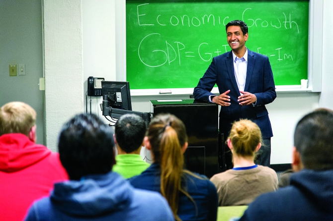 Rohit 'Ro' Khanna, the Indian-American politician seen here in a classroom session, has America buzzing with his campaign.