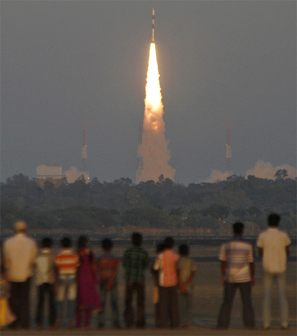 India's Polar Satellite Launch Vehicle C-20 blasts off from Sriharikota near Chennai.