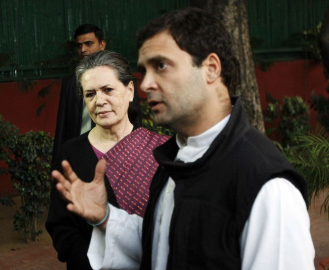 Congress president Sonia Gandhi and vice president Rahul Gandhi interact with media following assembly polls debacle, in New Delhi on Monday