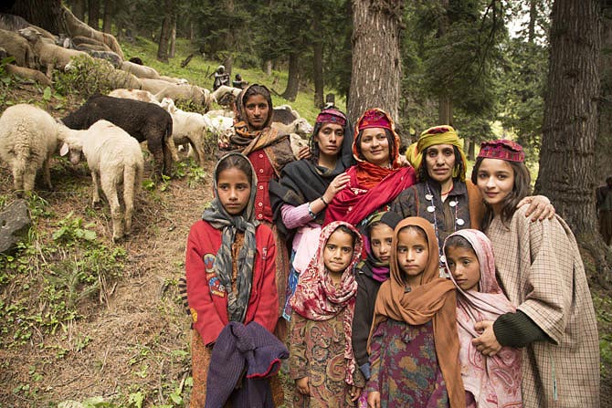 Actress Alia Bhatt with local women during the filming of Highway in Kashmir.