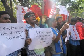 A protest outside the US consulate in Hyderabad over the Devyani Khobragade issue
