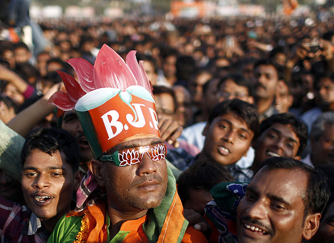 Supporters attend a Narendra Modi rally in Agra.