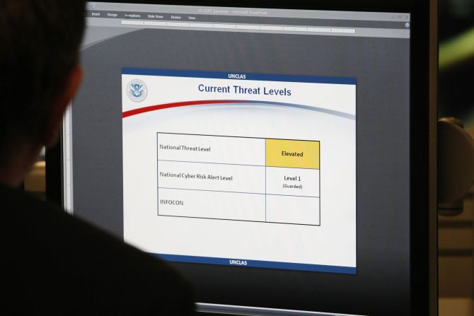 The threat level displayed on a monitor at the US Department of Homeland Security's National Cybersecurity & Communications Integration Centre.
