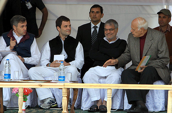 Union Transport Minister C P Joshi, seen here with Rahul Gandhi and Omar and Farooq Abdullah, is now focusing on his ministry instead of his state.