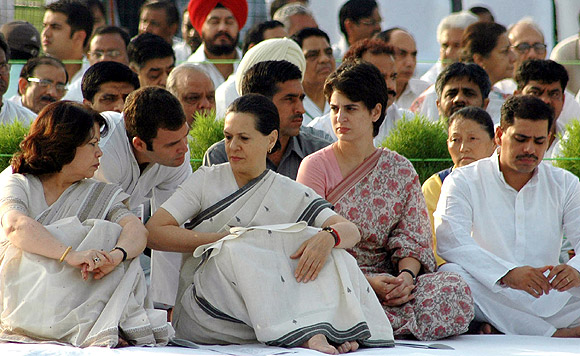 Rahul Gandhi with his mother Sonia Gandhi and sister Priyanka during a prayer meeting at the Rajiv Gandhi Samadhi in New Delhi.