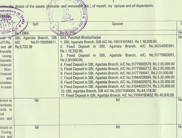 A screenshot of the affidavit filed by the Tripura chief minister for the 2013 assembly election