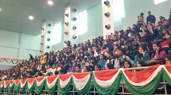 Students listen to Narendra Modi at SRCC College in Delhi