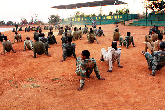 Physical training at The Jungle Warfare College, Kanker