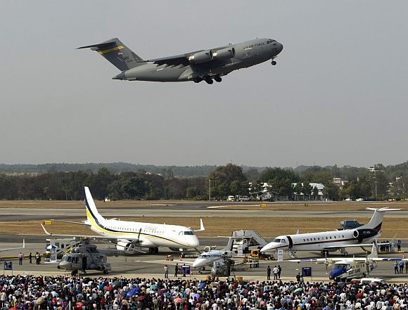 US Air Force C-17 aircraft at Aero India 2013.