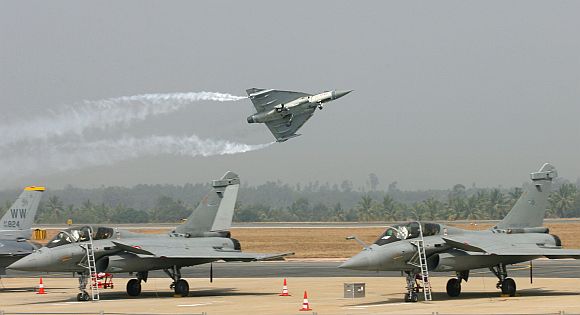 The Light Combat Aircraft Tejas at the air show.