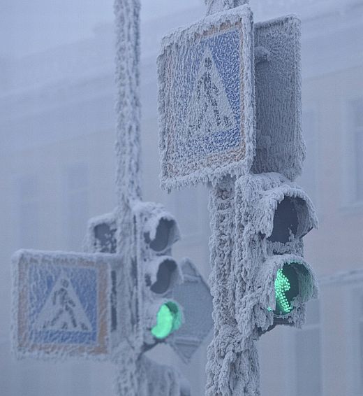 Traffic lights are seen covered in snow in Yakutsk, in the Republic of Sakha, northeast Russia
