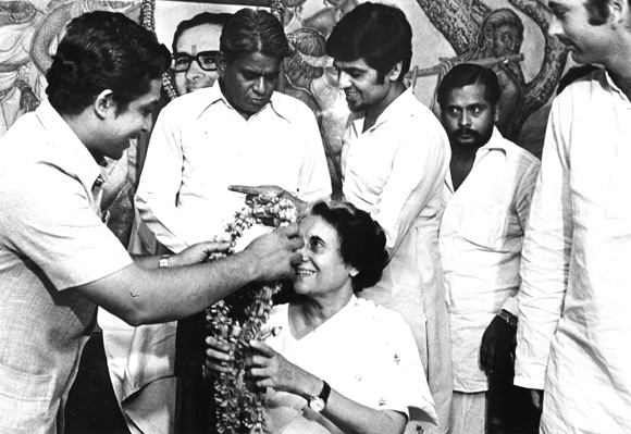 Vinod Mehta interviewed Sanjay Gandhi's aide, Jagdish Tytler, second from right, for the book. Also seen in the picture is a young Ghulam Nabi Azad, right, with Indira Gandhi. Sanjay Gandhi's garlanded portrait can been seen in the background.