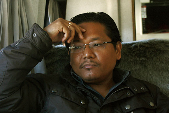 Conrad Sangma in his campaign vehicle en route to Mawkyrwat.