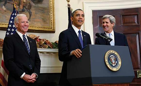 In Washington, DC, Prime Minister Narendra Modi will meet with President Barack Obama, centre, Vice President Joe Biden, left, and Secretary of State John Kerry, right. Photograph: Kevin Lamarque/Reuters