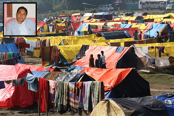 A bird's eye view of a Muslim relief camp. (inset) Deputy Chief of the Bodoland Territorial Council government Kampa Borgoyari