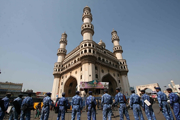 RAF personnel stand guard at the Charminar