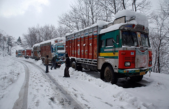 Stranded trucks at the Srinagar-Jammu highway