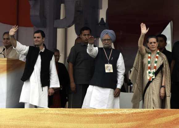 Congress Vice President Rahul Gandhi with Dr Singh and Sonia Gandhi