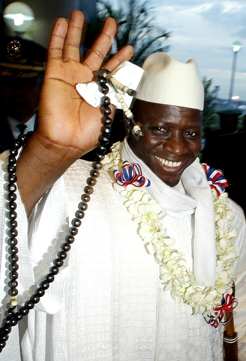 Republic of Gambia President Yahya Jammeh waves during his arrival in Manila