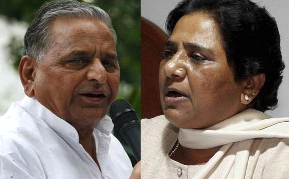 Samajwadi Party chief Mulayam Singh Yadav, left, and Bahujan Samaj Party supremo Mayawati