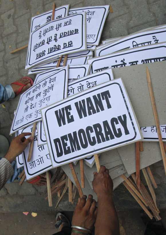 Protestors before an anti-government demonstration in New Delhi.