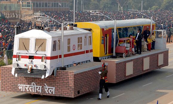 The tableau of Ministry of Railways on the theme 'Air Conditioned Double Decker Train'