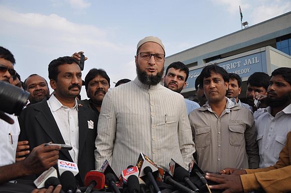 Asaduddin Owaisi talking to media persons outside the jail