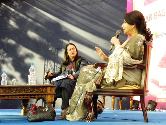 Sharmila Tagore and Nasreen Munni addressing a session at the Jaipur Literature Festival on Friday