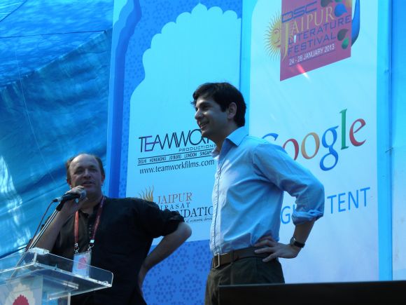 Faramerz Dabhoiwala and William Darlymple address a session at the Jaipur Literature Festival on Friday
