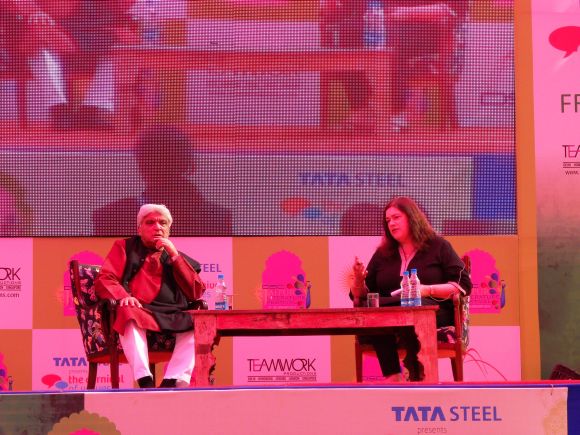 Javed Akhtar and Rachel Dwyer during a panel discussion at the Jaipur Literature Festival on Friday