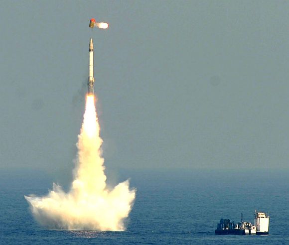 India's first under water-launched missile B05 successfully takes flight from the Bay of Bengal off the coast of Visakhapatnam