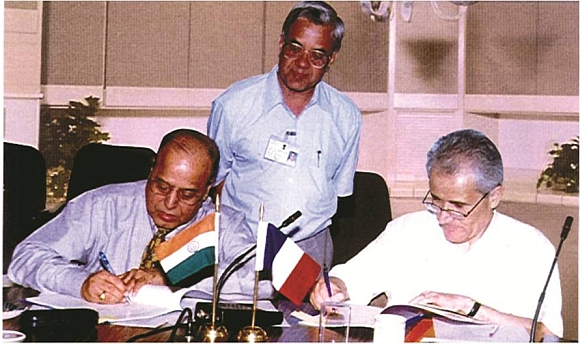 Then ISRO chairman Dr K Kasturirangan and Professor Bensoussan of CNES sign the Megha-Tropiques MOU in 2001.