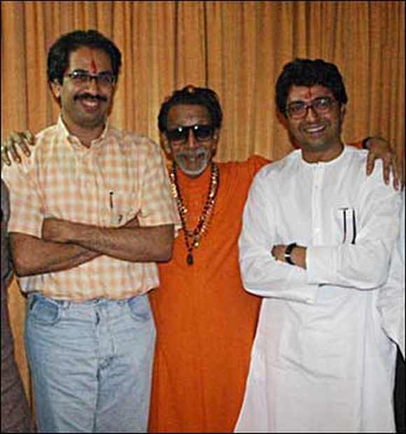 Bal Thackeray with Uddhav and Raj before the latter split from the Shiv Sena