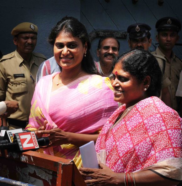 Jagan's mother Vijayamma (right) and sister Sharmila speak to the media outside Hyderabad's Chanchalguda prison
