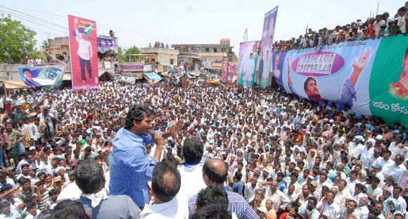 Jagan Reddy addresses a public rally at Koduro village in Andhra Pradesh's Krishna district.