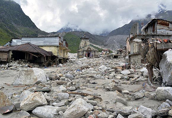 The Kedarnath Temple is pictured amid damaged surroundings by flood waters at Rudraprayag
