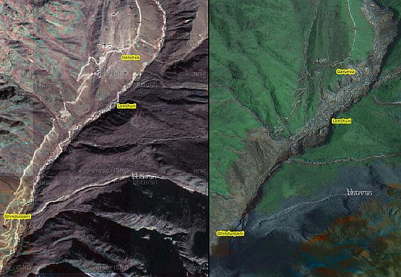 (Left) The riverbanks before the disaster struck. (Right) Massive erosion of the riverbanks post disaster