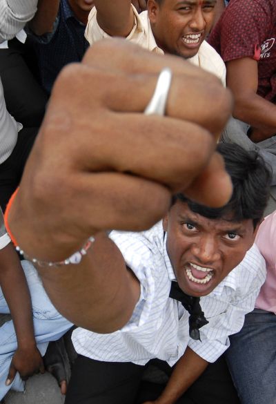 A Telangana supporter shouts slogans during a demonstration in Hyderabad